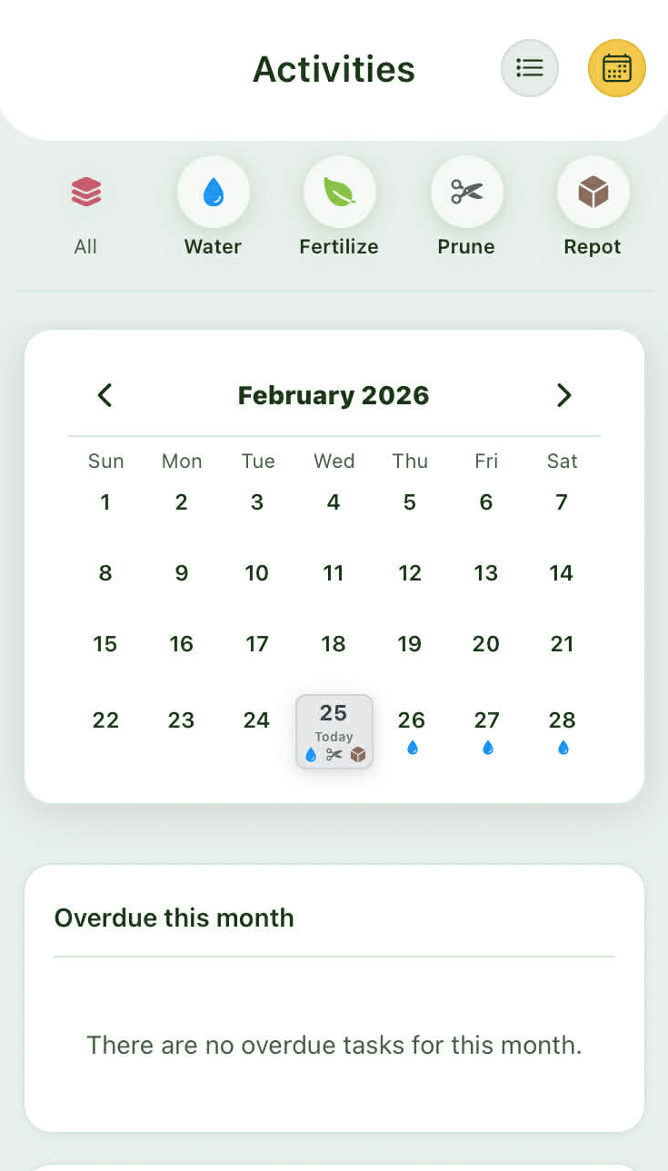 Verdora activity calendar showing upcoming plant care reminders